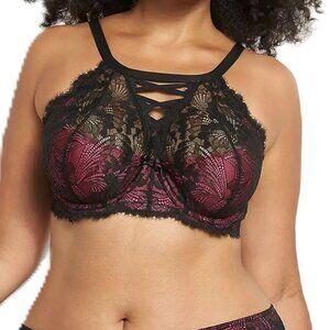 Cacique Lightly Lined Balconette Bra 42H 42 H High Neck Caged Lace Black Gold